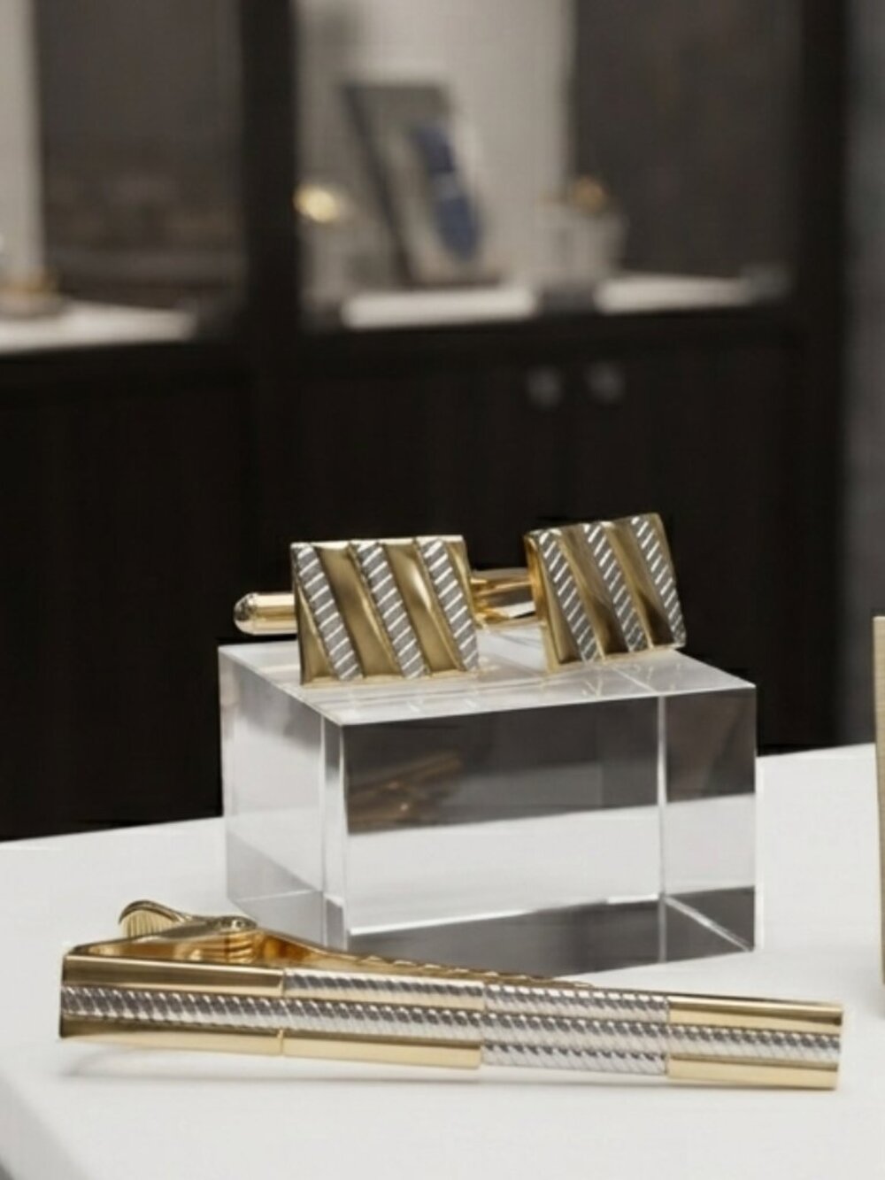 Gold-Tone & Silver-Tone Striped 3-Piece Cufflink and Tie Clip Set